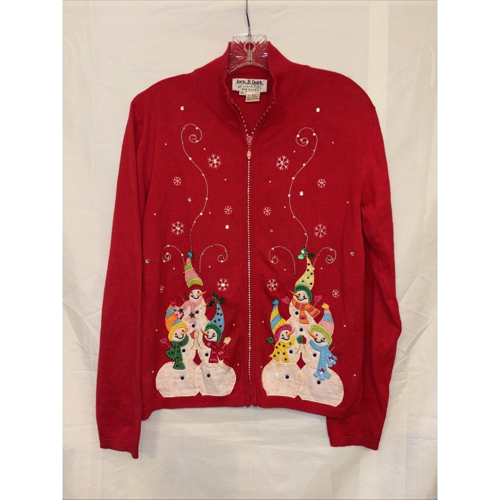 Jack B. Quick Petites Women's Sz PL Snowman Rhinestone Red Christmas Sweater Zip